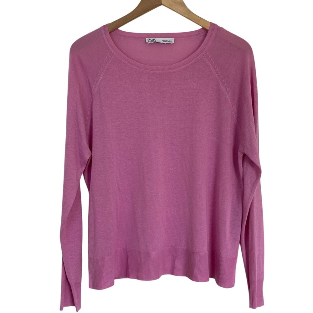 Zara Womens Basic Fine Knit Sweater L Pink Round Neck Long Sleeves Side Slits